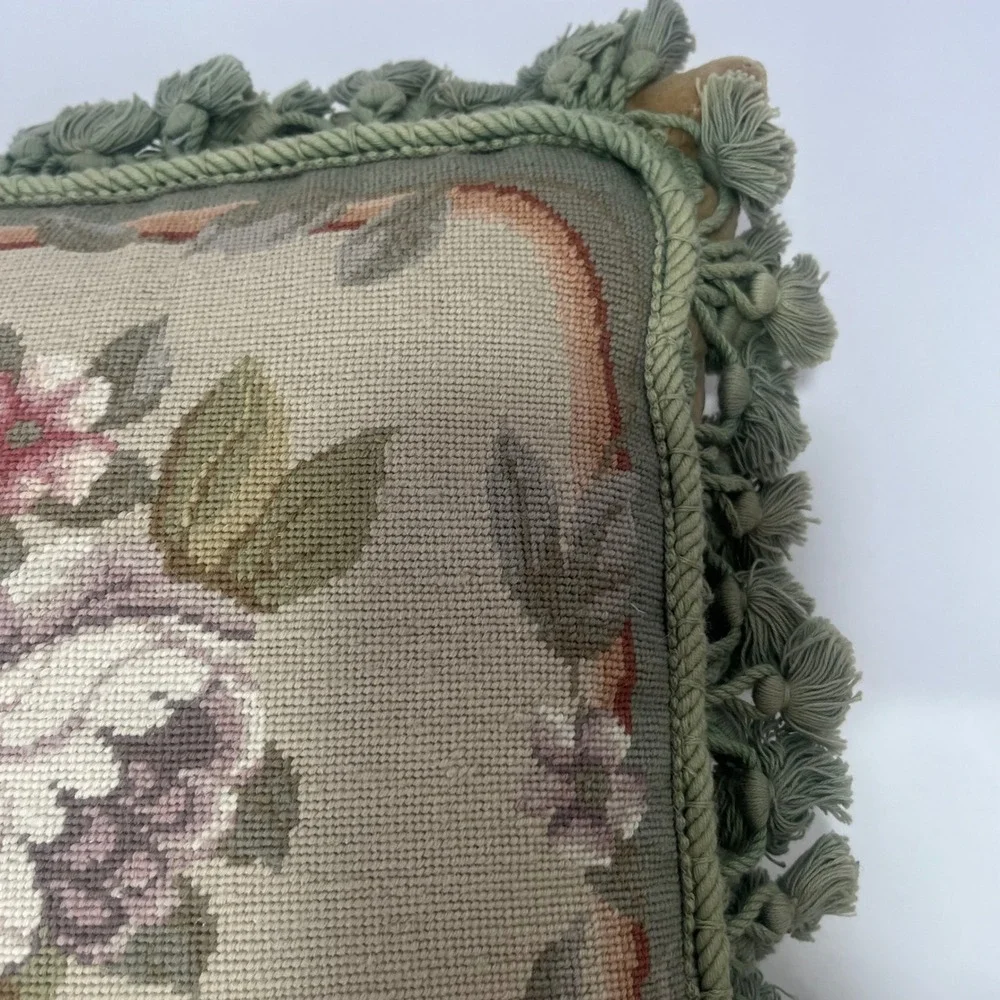 VTG‎ Aubusson Tapestry Rose Green Fringe Needlepoint Feather Down Country Pillow